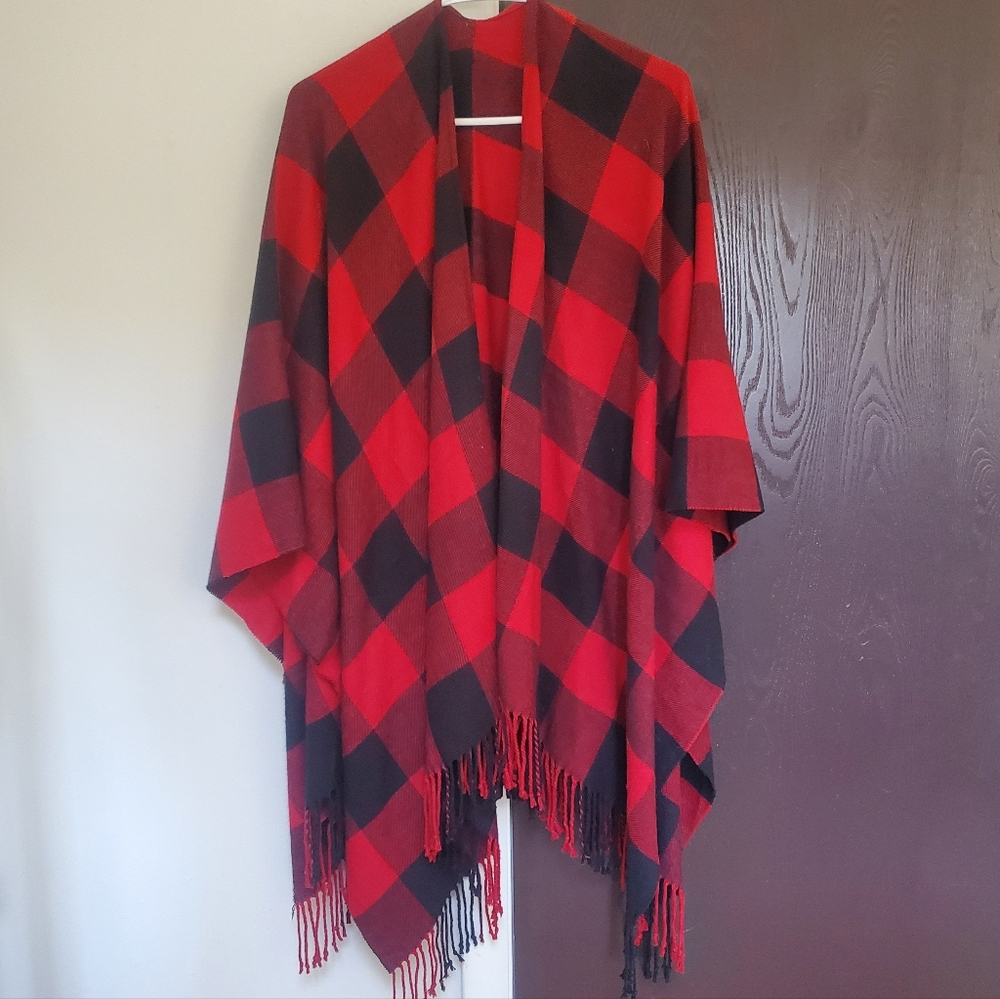 Red and Black buffalo Check Plaid Poncho/ Shawl